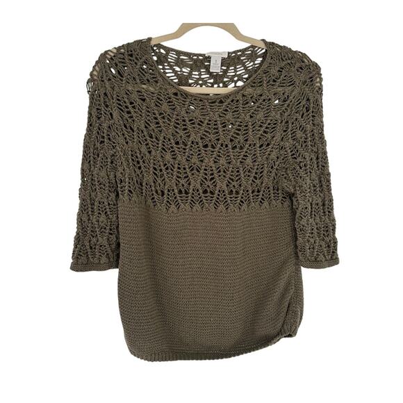 Chico's Olive Green Crew Neck Sweater Crochet Design Winter 3/4 Sleeves Size M - Picture 1 of 6